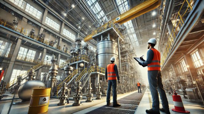 Trabajadores industriales revisando agitadores en una gran instalación, usando equipo de protección personal como cascos y chalecos, en un entorno limpio y organizado con maquinaria compleja y altos estándares de seguridad