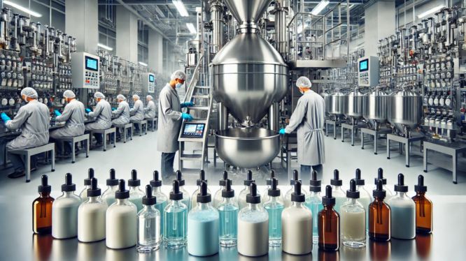 Fábrica de productos cosméticos con mezcladores industriales en operación. Trabajadores con batas y equipo de protección supervisan la producción de lociones, sérums y otros productos líquidos. En primer plano, frascos con diferentes fórmulas en colores azul, blanco y ámbar listos para su envasado y distribución.