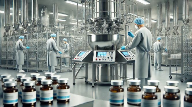 Planta de producción farmacéutica con mezcladores industriales en operación. Trabajadores con batas, guantes y gorros de seguridad supervisan la mezcla de ingredientes en un ambiente estéril y moderno. En primer plano, frascos de medicamentos listos para su distribución.